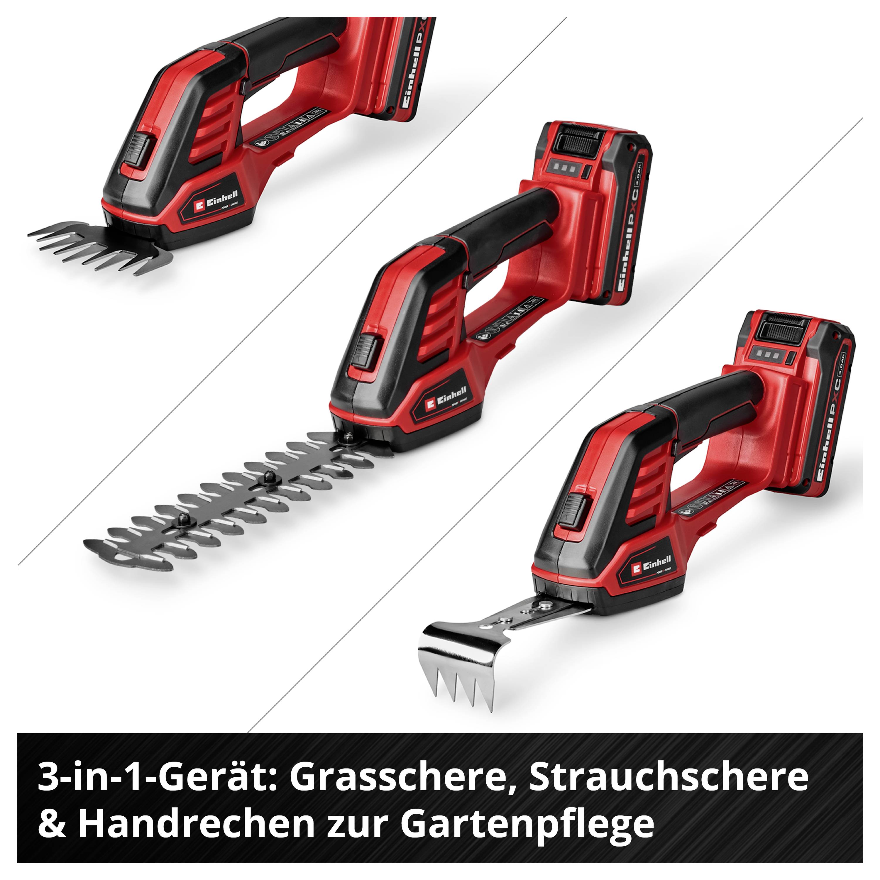 Werbegrafik mit 3-in-1-Gartengerät: Grasschere, Strauchschere und Handrechen; drei Darstellungen des roten Akku-Geräts in verschiedenen Aufsätzen.