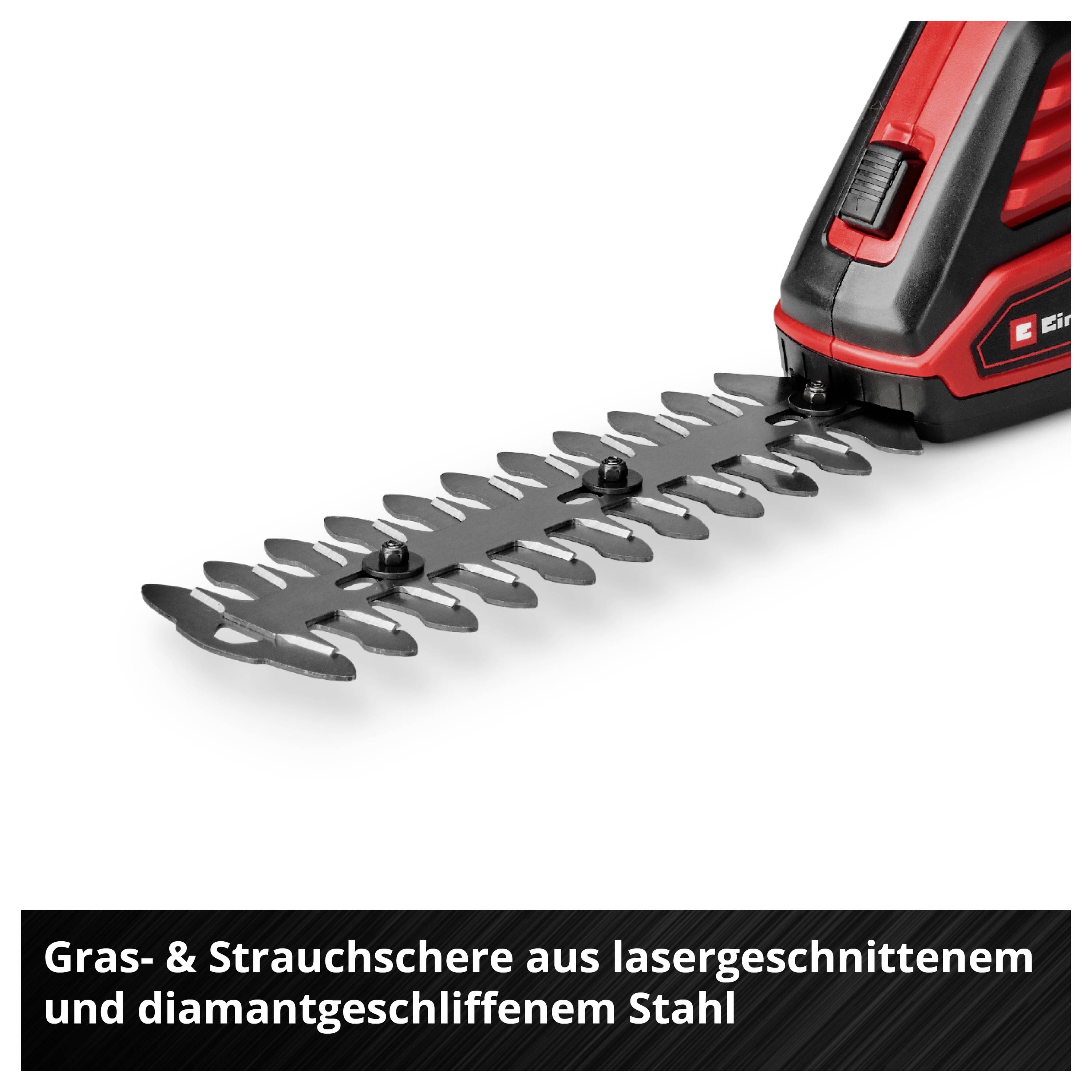 Elektrische Gras- und Strauchschere mit langem Metallmesser; unten steht 'Gras- & Strauchschere aus lasergeschnittenem und diamantgeschliffenem Stahl'.