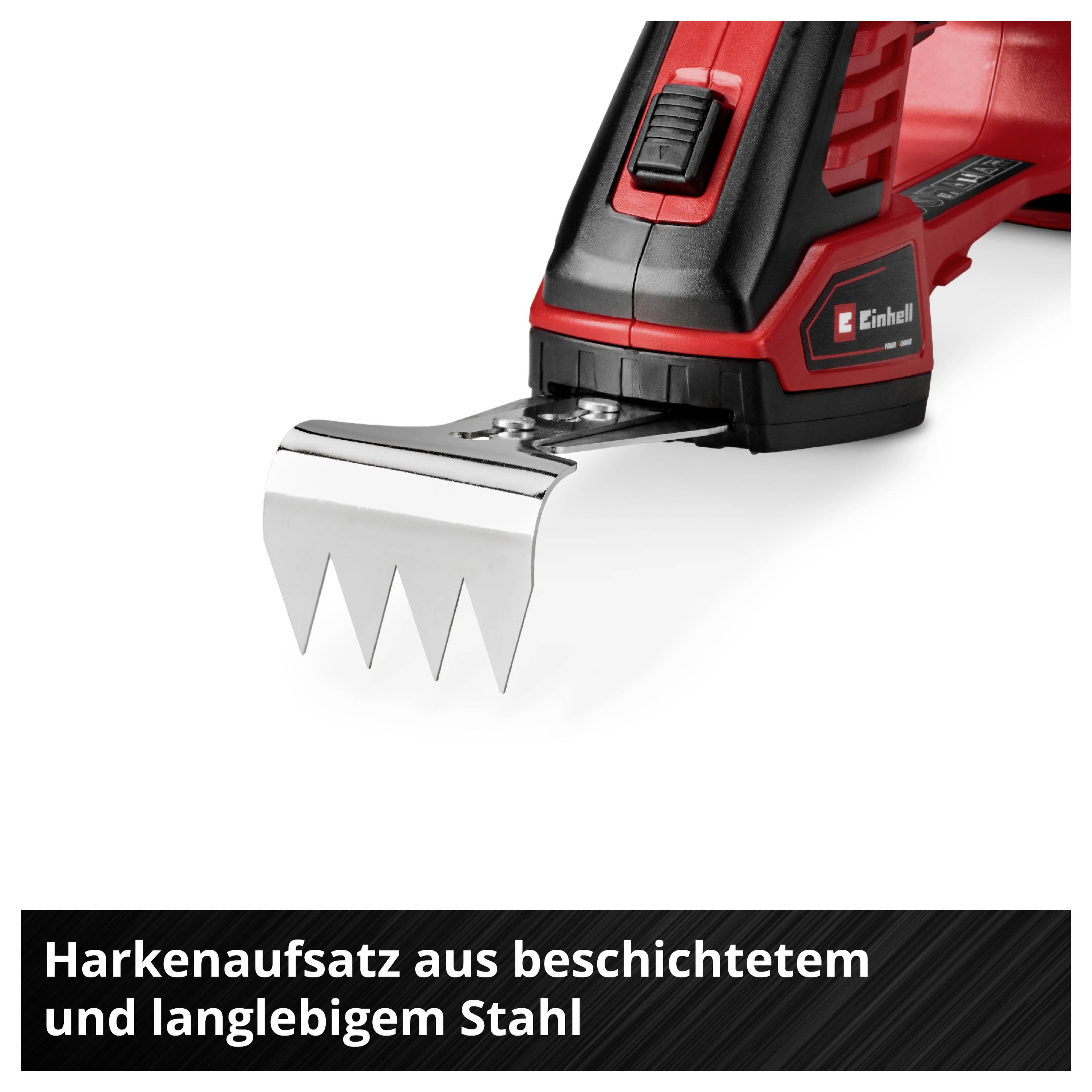 Rot-schwarzes Akku-Gartengerät mit Harkenaufsatz aus beschichtetem Stahl; unten Text: 'Harkenaufsatz aus beschichtetem und langlebigem Stahl'.