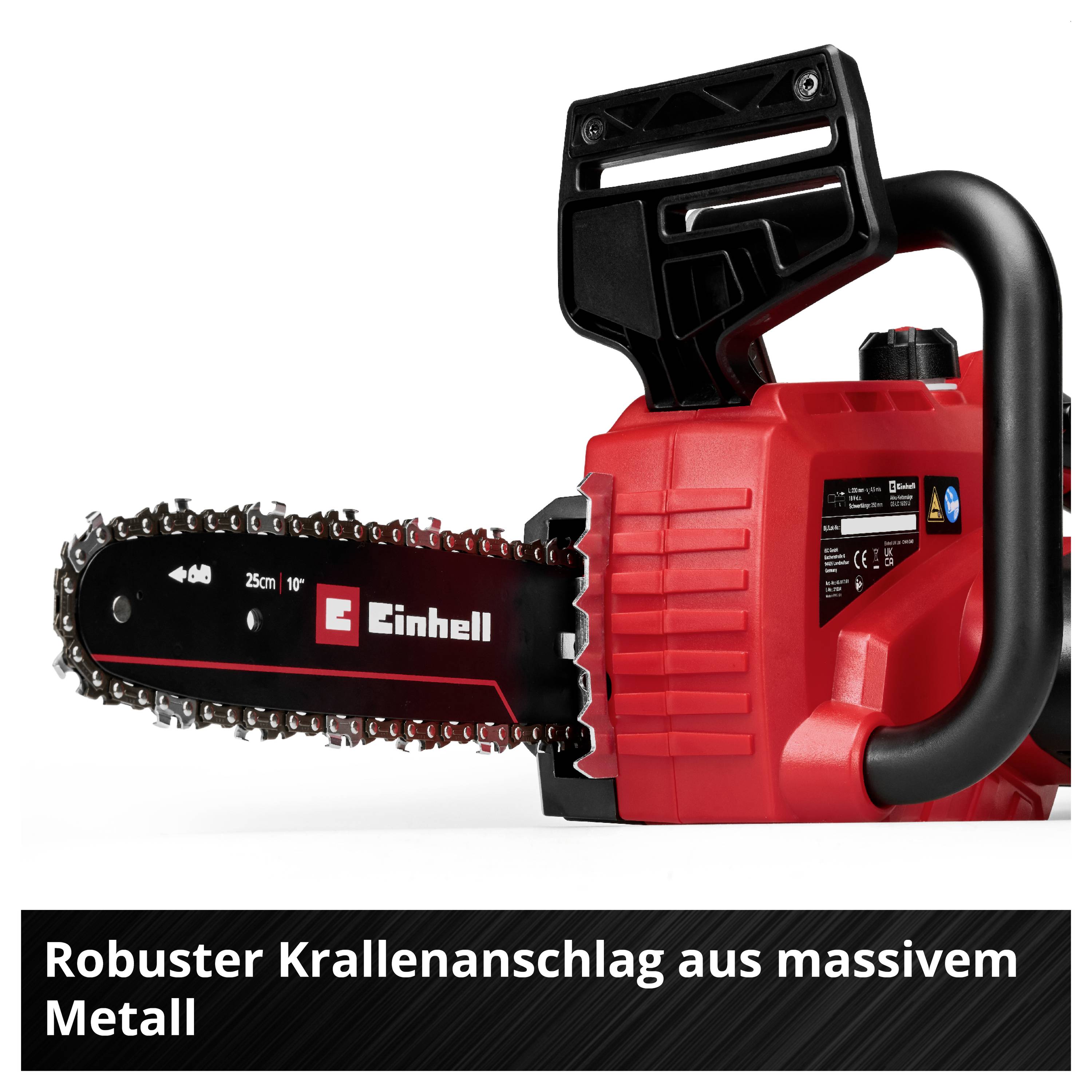 Rote Einhell-Kettensäge mit schwarzem Griff und 25 cm Klinge auf weißem Hintergrund; Der Text besagt „Robuster Krallenanschlag aus massivem Metall".