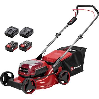 Roter schnurloses Rasenmäher mit Grasfangkorb und höhenverstellbarem Griff, gezeigt mit zwei Batterien und zwei Ladern.