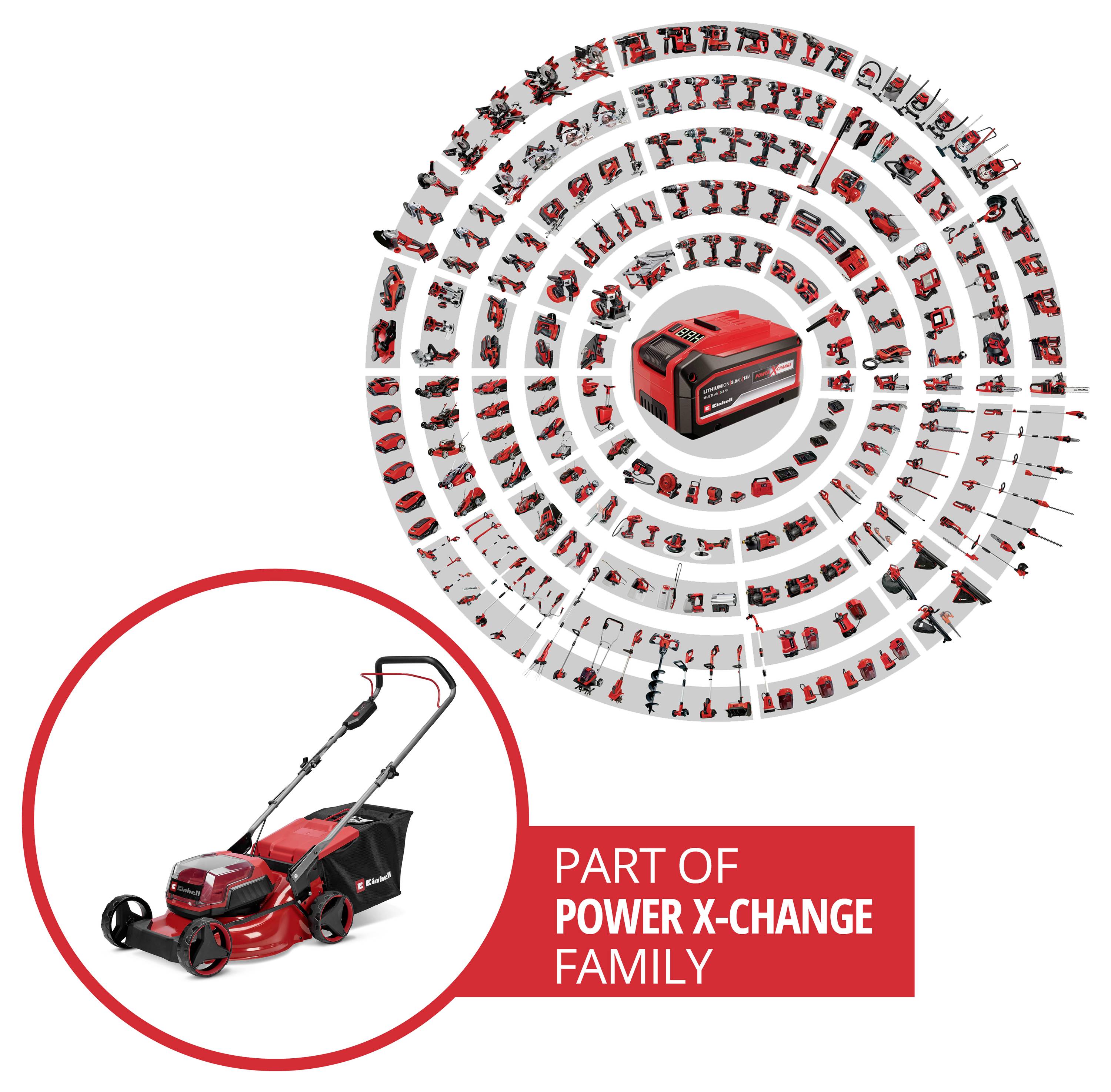 Werbegrafik mit einem roten kabellosen Rasenmäher und einer kreisförmigen Anzeige kompatibler Power X-Change-Werkzeuge, mit dem Text „TEIL DER POWER X-CHANGE FAMILIE".