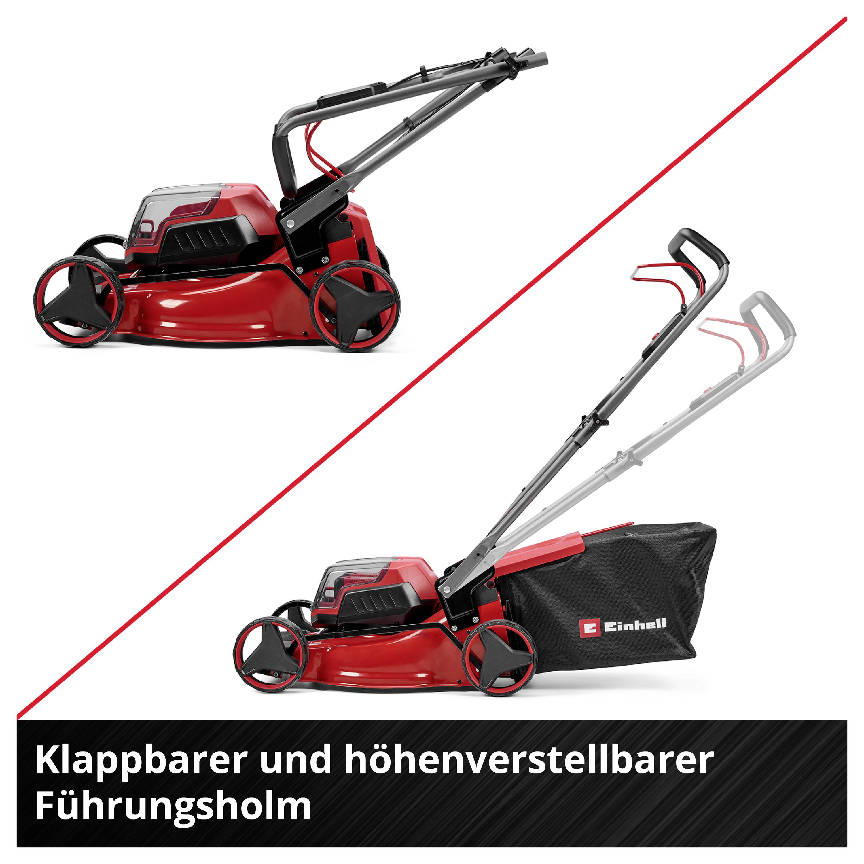 Roter Einhell-Rasenmäher mit klappbarem, höhenverstellbarem Führungsholm; oben zusammengeklappt, unten ausgeklappt mit Fangbeutel.