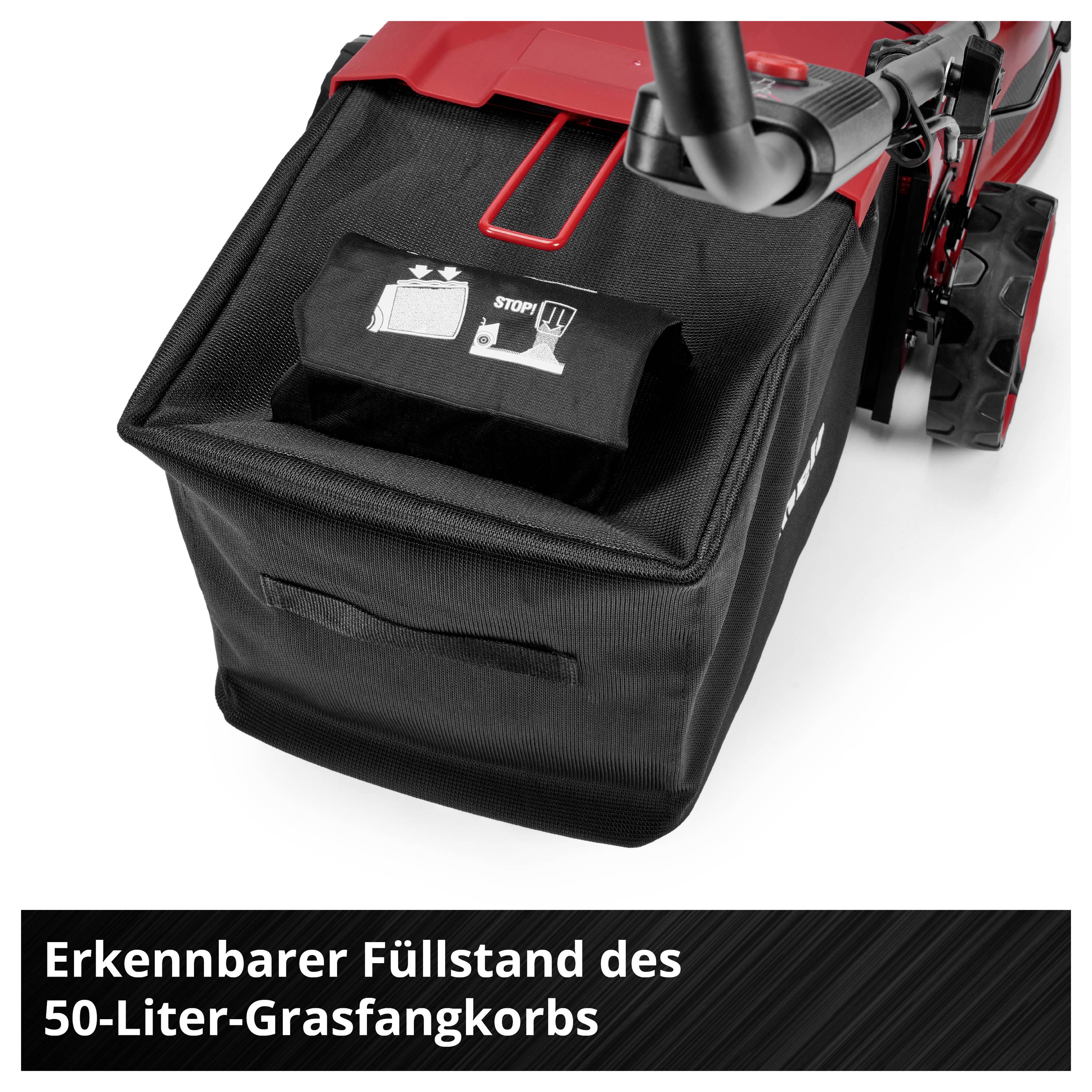 Roter Rasenmäher mit schwarzem 50-Liter-Grasfangkorb; Text: 'Erkennbarer Füllstand des 50-Liter-Grasfangkorbs'.