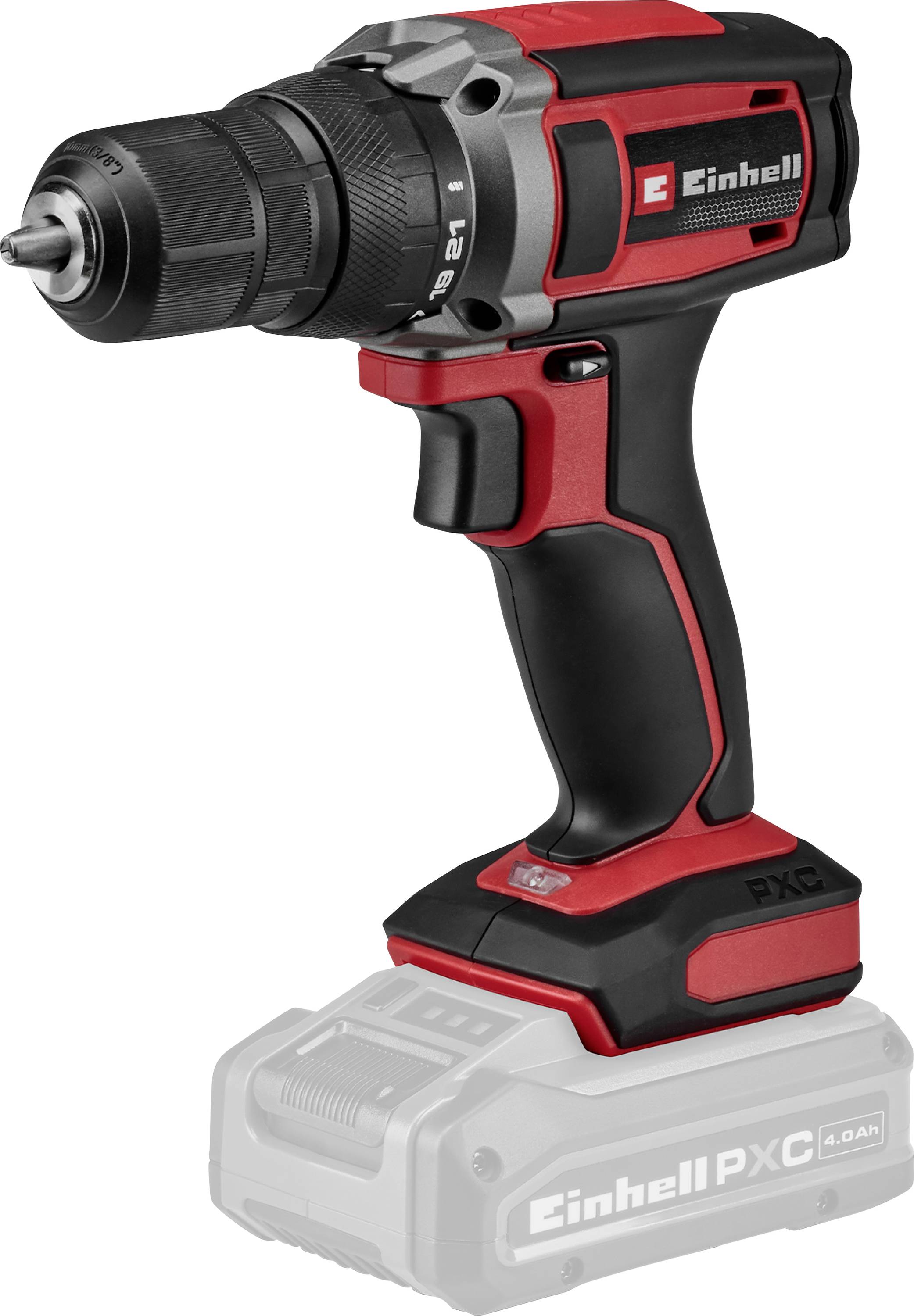 Rot-schwarzer kabelloser Bohrschrauber mit unterhalb angebrachtem Akku, von der Seite auf weißem Hintergrund dargestellt.