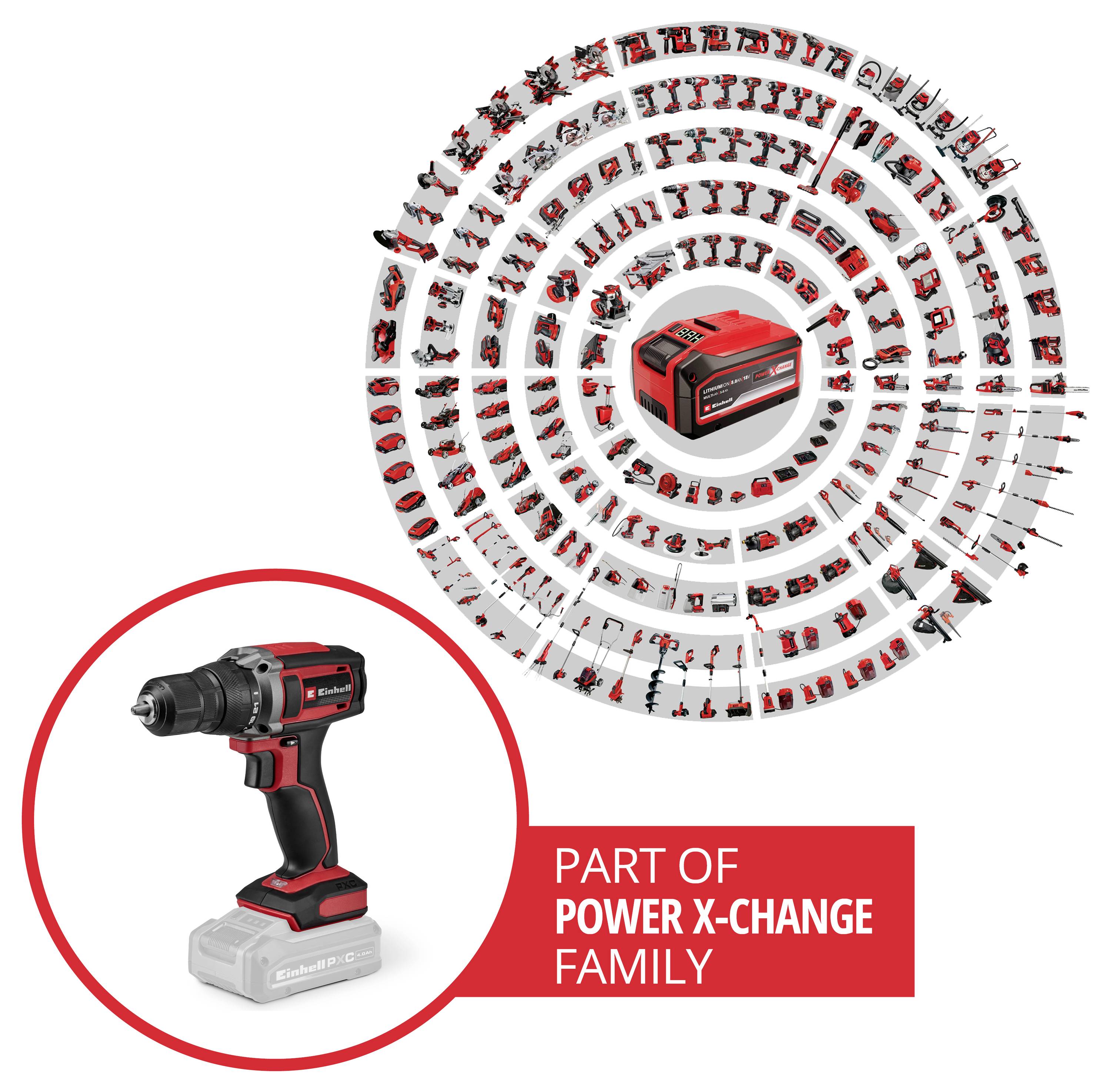 Werbekachel eines kabellosen Elektroschraubers und einer kreisförmigen Anordnung von kompatiblen Power X-Change-Werkzeugen um ein Akkupack herum, mit der Beschriftung „TEIL DER POWER X-CHANGE FAMILIE".
