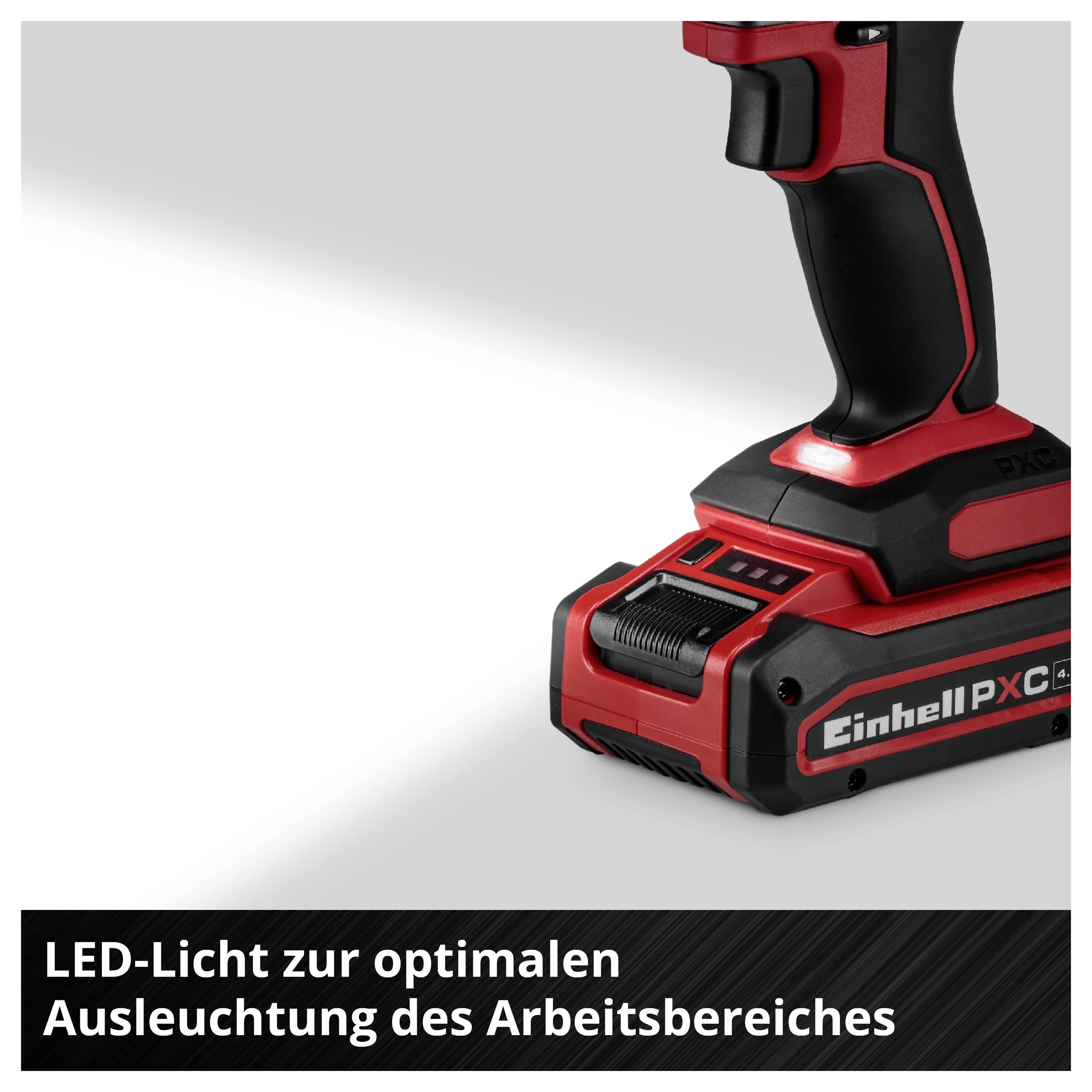 Roter Akku-Schlagschrauber mit eingeschaltetem LED-Licht beleuchtet den Arbeitsbereich; Hinweistext: 'LED-Licht zur optimalen Ausleuchtung des Arbeitsbereiches'.