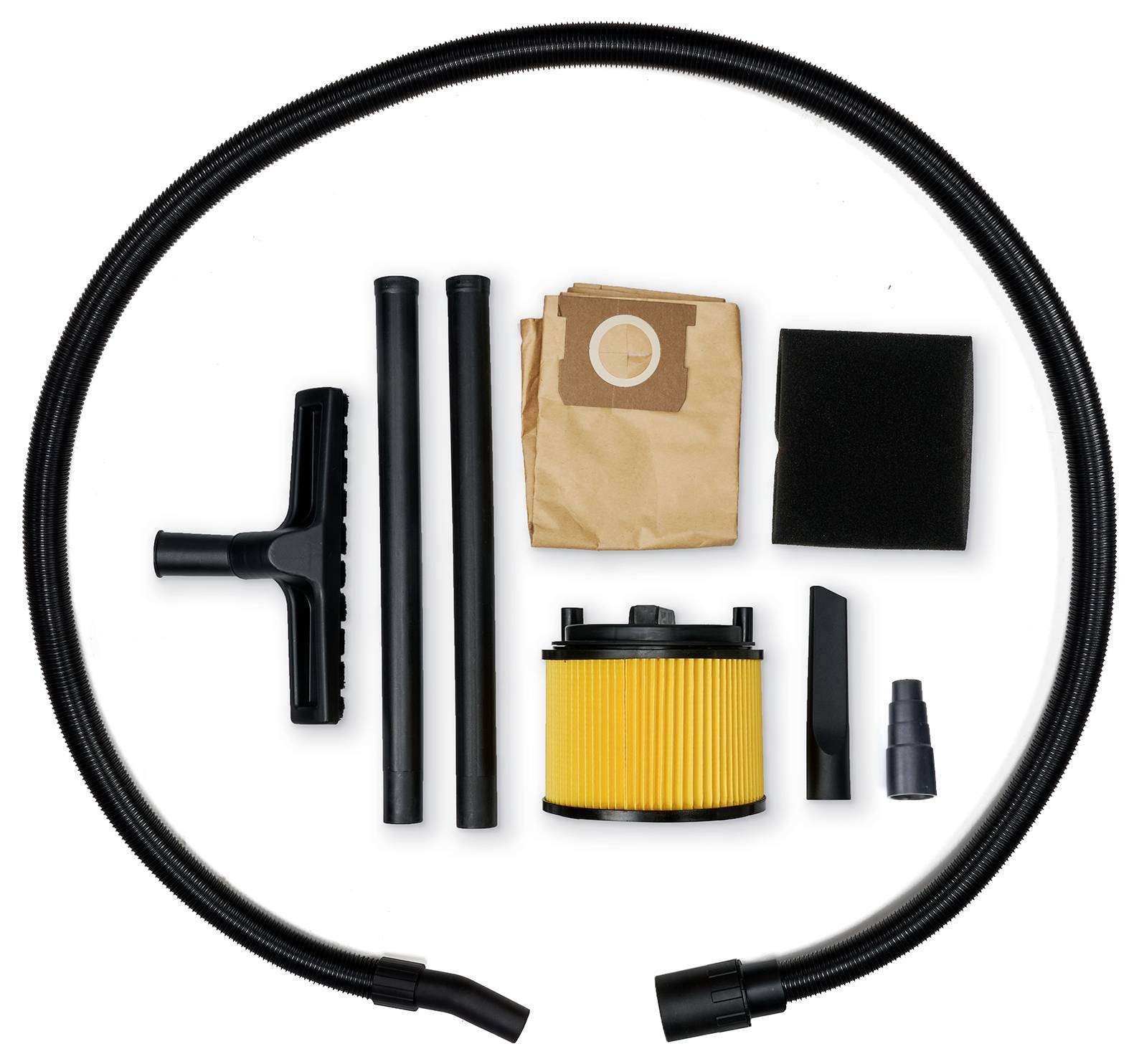 Staubsauger-Zubehörset mit Schlauch, Bodenbürste, Verlängerungsrohren, Staubsäcken, Filter, Düse und Adapter auf weißem Hintergrund angeordnet.