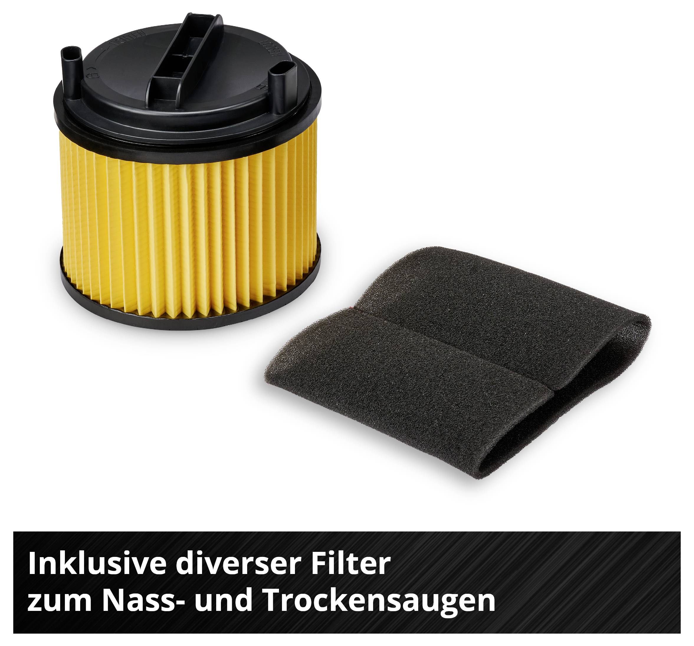 Filterset für Nass- und Trockensauger mit gelbem Kartuschenfilter und schwarzem Schaumstofffilter; Text: 'Inklusive diverser Filter zum Nass- und Trockensaugen'