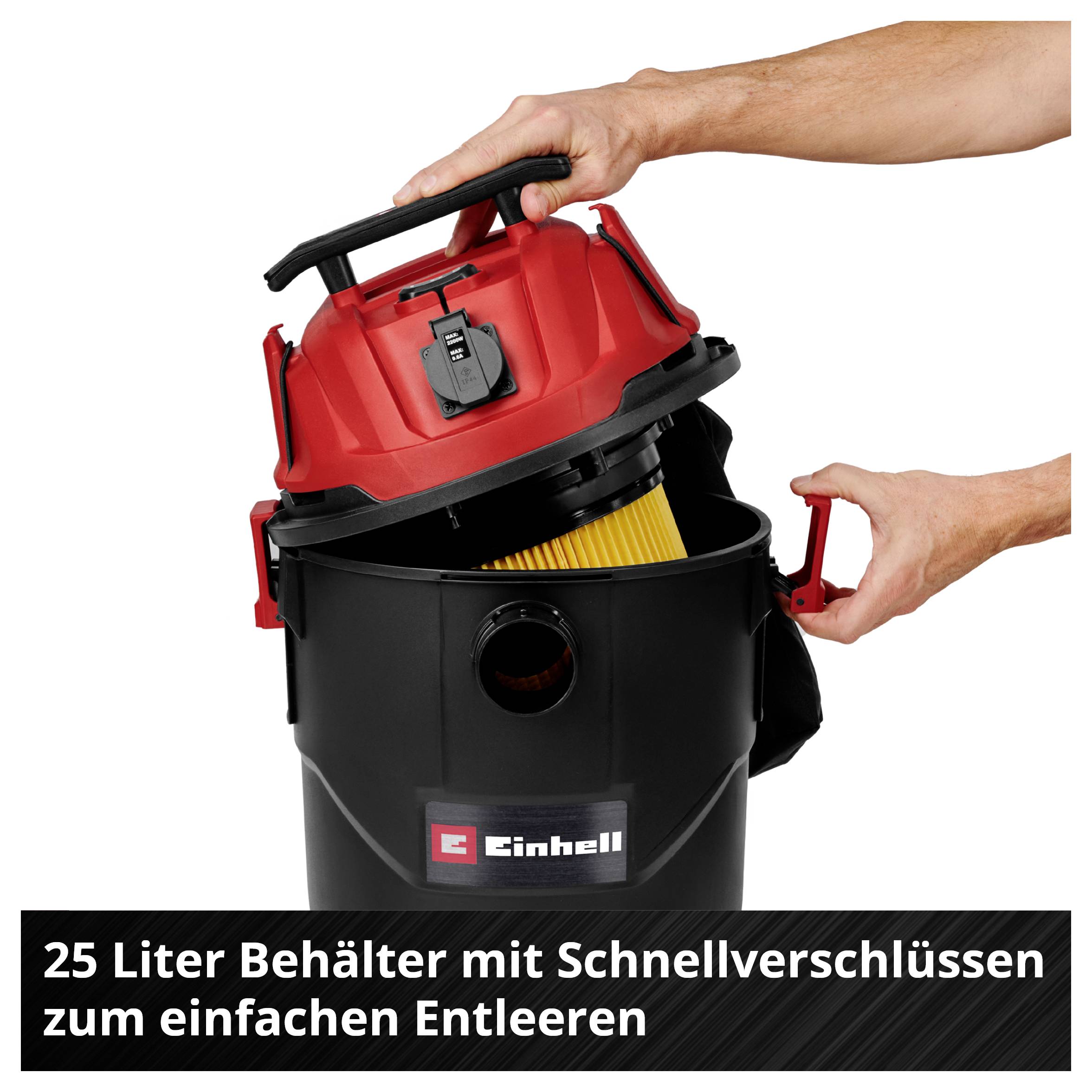 Einhell Nass-/Trockensauger mit 25-Liter-Behälter und Schnellverschlüssen; der Deckel wird zum einfachen Entleeren abgenommen.