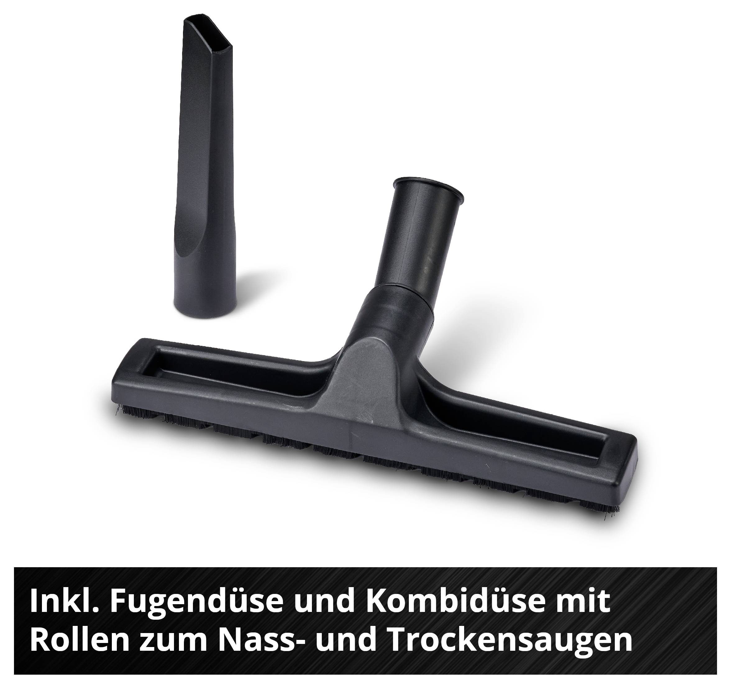 Nass-/Trockensauger-Zubehör: Bodendüse mit Rollen und Fugendüse; Text nennt beides inklusive.
