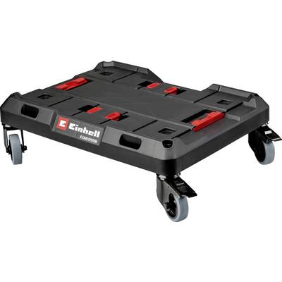Schwarzer fahrbarer Plattformwagen von Einhell mit vier drehbaren Lenkrollen und roten Arretiersperren, verwendet zum Transportieren schwerer Lasten.
