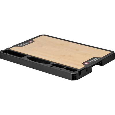 Tragbare Werkbank mit einer Arbeitsplatte aus hellem Holz auf schwarzer Kunststoffbasis, dargestellt in Dreiviertelansicht.