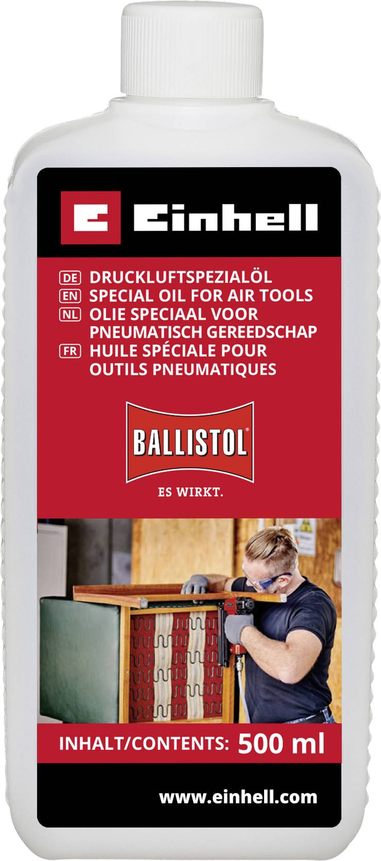 Eine weiße Einhell-Flasche mit speziellem Öl für Druckluftgeräte, gekennzeichnet als „BALLISTOL", Inhalt 500 ml.