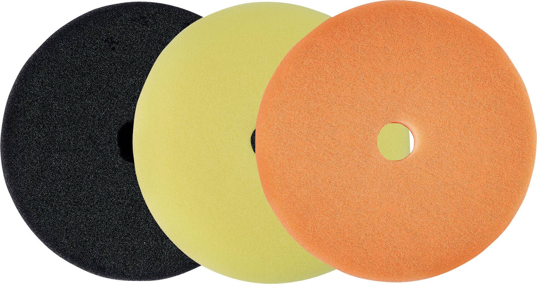 Drei sich überlappende kreisförmige Schleifpads in Schwarz, Gelb und Orange, jedes mit einem Loch in der Mitte, auf weißem Hintergrund.