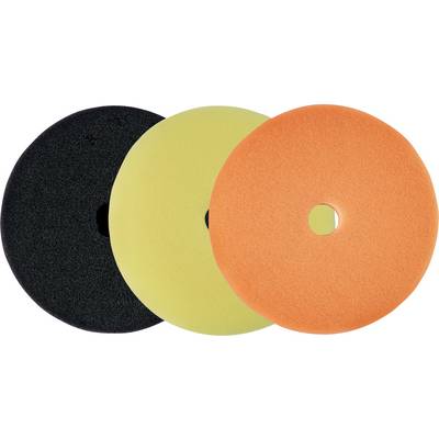 Drei sich überlappende kreisförmige Schleifpads in Schwarz, Gelb und Orange, jedes mit einem Loch in der Mitte, auf weißem Hintergrund.
