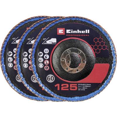 Drei Einhell Professional 125-mm-Schleiftrennscheiben übereinander gestapelt, gekennzeichnet für das Metallschneiden mit 43°-Winkel und Sicherheitssymbolen.
