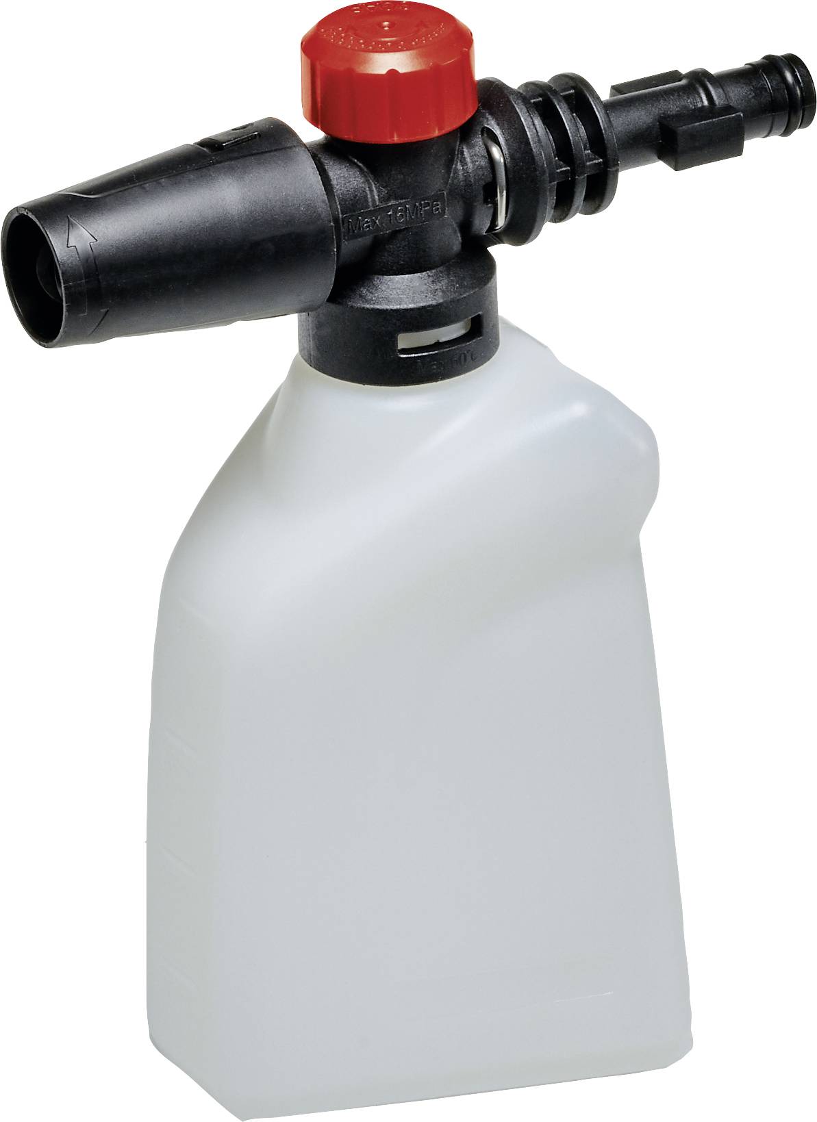 Plastik-Hochdruckreiniger-Waschmittelflasche mit schwarzer Düse und roter Kappe, die oben angebracht ist.