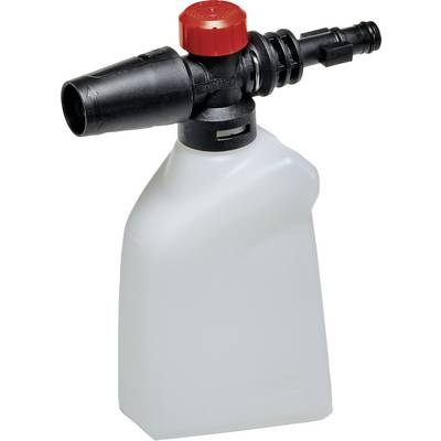 Plastik-Hochdruckreiniger-Waschmittelflasche mit schwarzer Düse und roter Kappe, die oben angebracht ist.