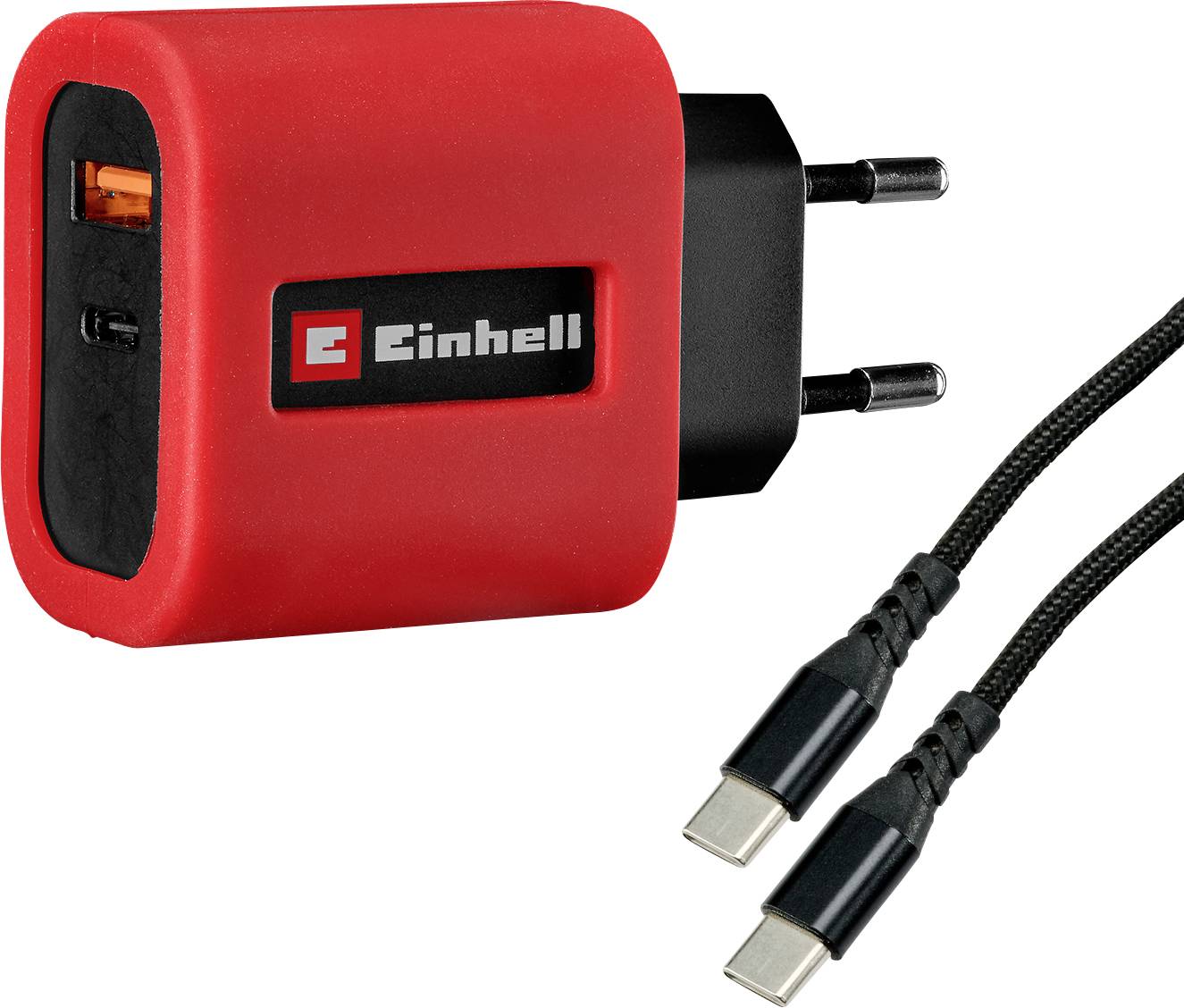 Roter Einhell USB-Wandladegerät mit zwei runden Stiften und zwei angebrachten USB-C-Kabeln