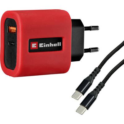 Roter Einhell USB-Wandladegerät mit zwei runden Stiften und zwei angebrachten USB-C-Kabeln