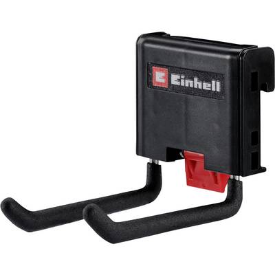 Einhell Wandmontierter Werkzeughalter mit zwei gepolsterten Metallhaken und einem roten Verschlussclip, dargestellt vor weißem Hintergrund.
