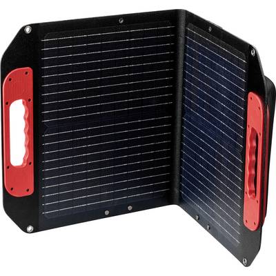 Klappbares schwarzes Solarpanel mit roten Griffen, geöffnet in Akkordeonform auf weißem Hintergrund.