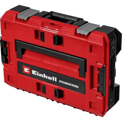 Rot-schwarzer Einhell CASE SYSTEM Lagerbehälter mit Tragegriff, geschlossen auf weißem Hintergrund dargestellt.