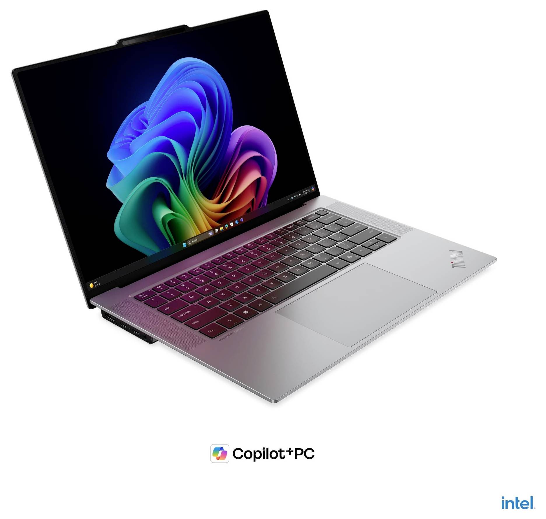 Silberner Laptop mit farbenfroher abstrakter Tapete, gekennzeichnet mit „Copilot+ PC" und Intel-Logo, vor weißem Hintergrund dargestellt.