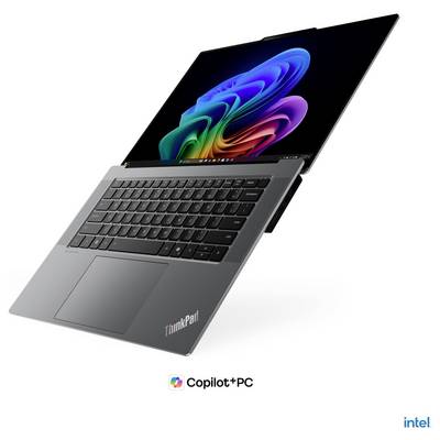 Lenovo ThinkPad Laptop in schräger offener Ansicht mit farbenfrohem abstraktem Bildschirm und „Copilot+ PC"- und Intel-Logos darunter.