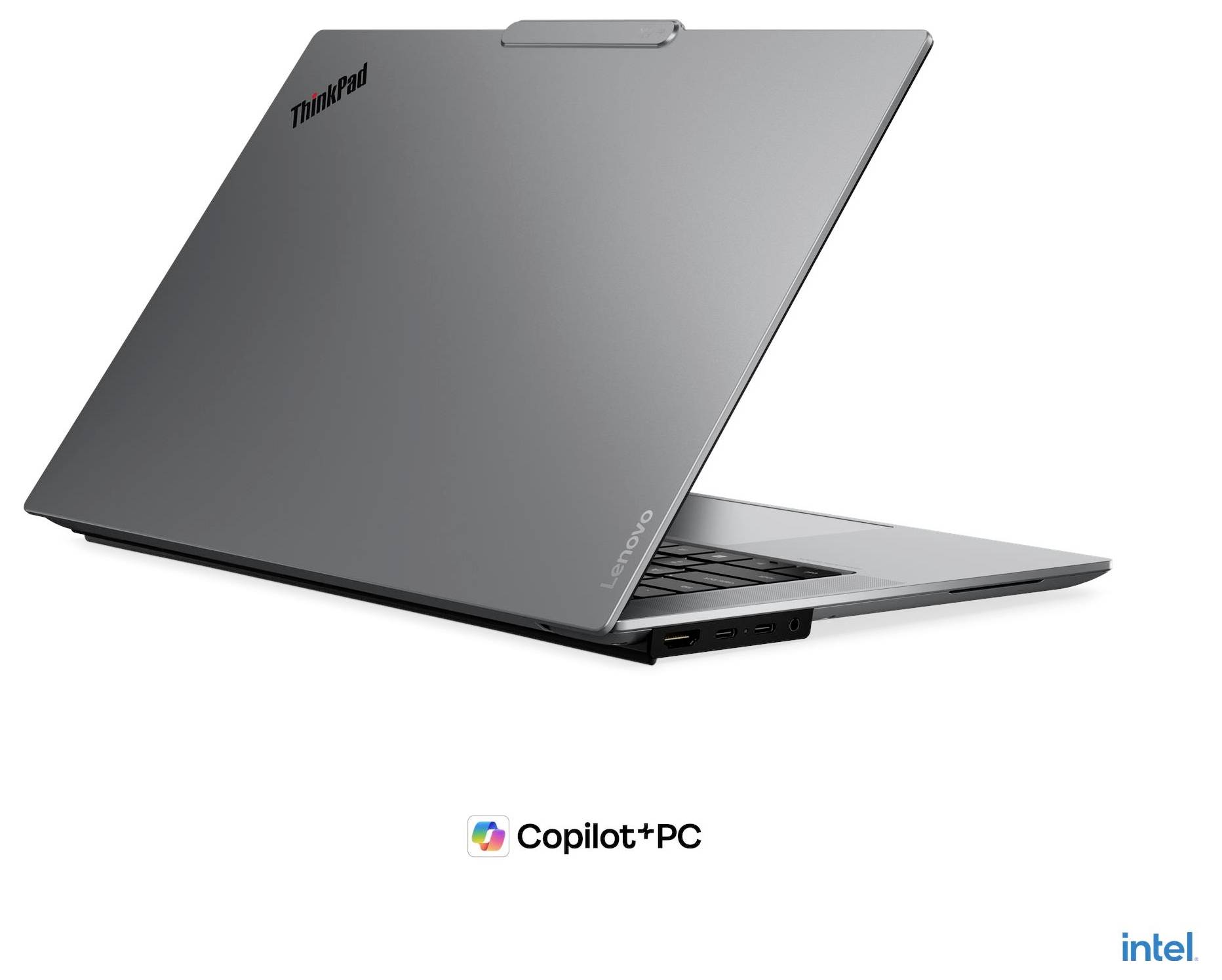 Aufgeschlappter Lenovo ThinkPad Laptop mit Copilot+ PC und Intel Logos auf weißem Hintergrund.