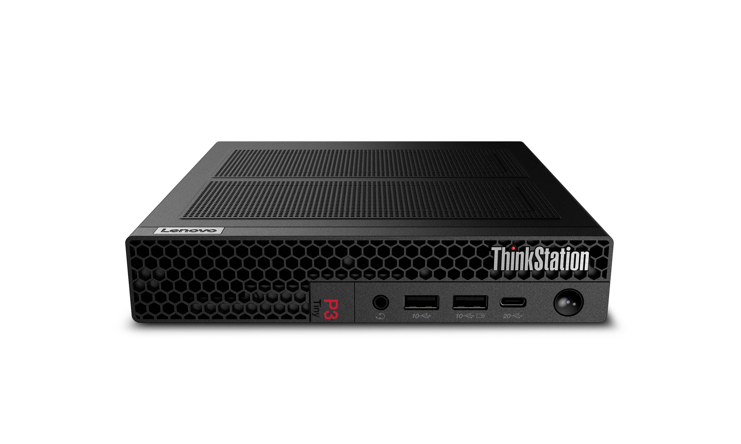 Frontansicht einer Lenovo ThinkStation Desktop-Workstation mit Wabengitter und vorderen USB-, Audio-Anschlüssen und Ein-/Aus-Schalter.