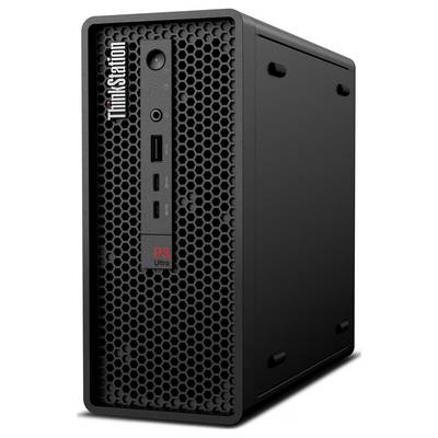 Schwarzer Lenovo ThinkStation P3 Ultra kompakter Desktop-Tower mit Wabenmuster-Frontplatte und vertikalem Logo, dargestellt auf weißem Hintergrund.