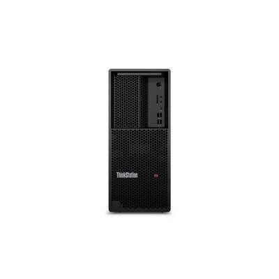 Schwarzer Lenovo ThinkStation Tower-Desktop-Computer in Vorderansicht auf weißem Hintergrund gezeigt.