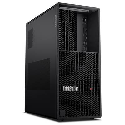 Schwarzer Lenovo ThinkStation P3 Desktop-Tower mit Wabenstruktur-Frontgitter und vorderen Stromversorgungs-, Audio- und USB-Anschlüssen.