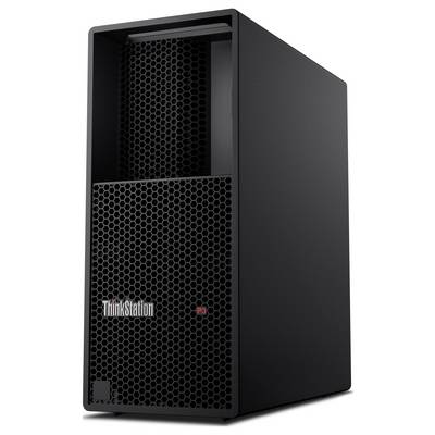 Schwarze Lenovo ThinkStation P3 Tower-Workstation mit Wabengitter an der Vorderseite und Logo auf einfachem Hintergrund.