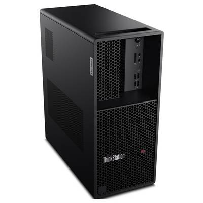 Schwarzer Lenovo ThinkStation P3 Desktop-Tower, Vorderansicht, zeigt Wabengitter, Netzschalter, USB-Anschlüsse und ThinkStation-Logo.