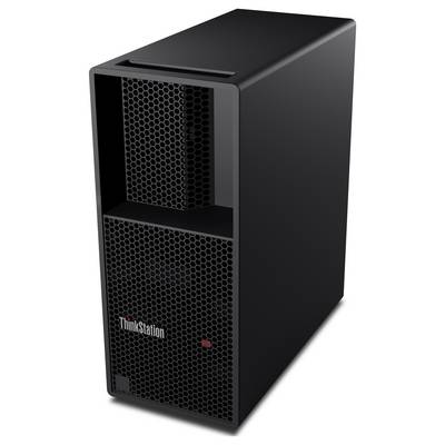 Schwarze Lenovo ThinkStation Tower-Workstation mit vorderen Wabenbelüftungsöffnungen und "ThinkStation"-Logo auf weißem Hintergrund