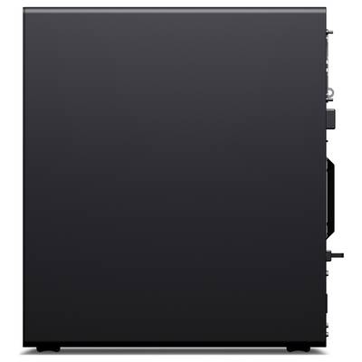 Vorderansicht eines schlichten schwarzen rechteckigen Geräts oder Schranks auf weißem Hintergrund, mit seitlich angebrachten Bedienelementen und teilweise sichtbarer Hardware auf der rechten Seite.