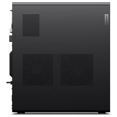 Schwarzer Lenovo-Desktop-Turm-PC mit perforierten Lüftungspanelen und sichtbaren Anschlüssen an der Vorderseite.