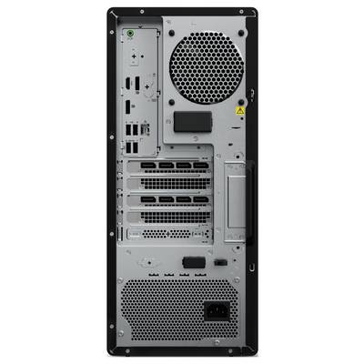 Rückansicht eines Desktop-Computer-Gehäuses mit Belüftungsgittern, Erweiterungssteckplätzen, Stromeingängen und mehreren Anschlüssen auf der Rückseite.