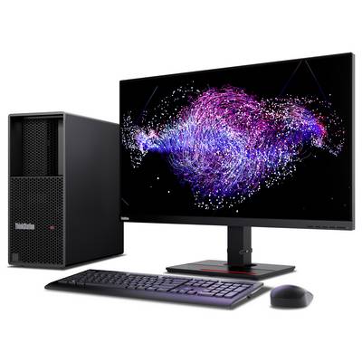 Desktopcomputer-Setup mit Tower, Breitbildmonitor mit farbenfroher abstrakter Netzwerkgrafik, Tastatur und Maus auf weißem Hintergrund.