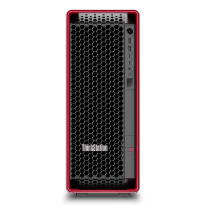 Frontansicht eines Lenovo ThinkStation P8 Desktop-Turms mit schwarzem Wabengitter und roter Verzierung.