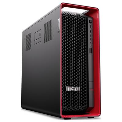 Lenovo ThinkStation P8 Desktop-Workstation-Tower, schwarz mit roter Frontblende und Wabengitter, schräg vor weißem Hintergrund dargestellt.