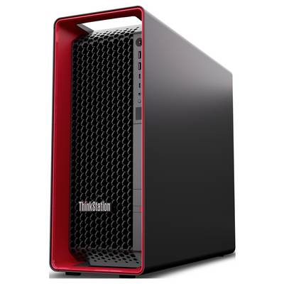 Schwarzer Lenovo ThinkStation Desktop-Tower mit roter Frontblende und Wabenstruktur-Gitter, in Dreiviertel-Ansicht auf weißem Hintergrund gezeigt.