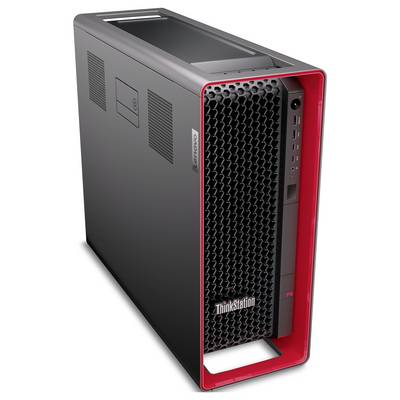 Lenovo ThinkStation Desktop-Tower in Frontal-Linksansicht, mit rot akzentuierter Frontblende und Wabenstruktur-Gitter