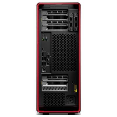 Rückansicht eines schwarzen Desktop-Computer-Towers mit mehreren Erweiterungssteckplätzen, Anschlüssen, Stromeingang und belüfteten Paneelen.