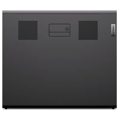 Rückseite eines Lenovo-Laptops mit zwei Lautsprechergittern, einer zentrierten Akkuverriegelung und einem Lenovo-Logo auf der rechten Seite.