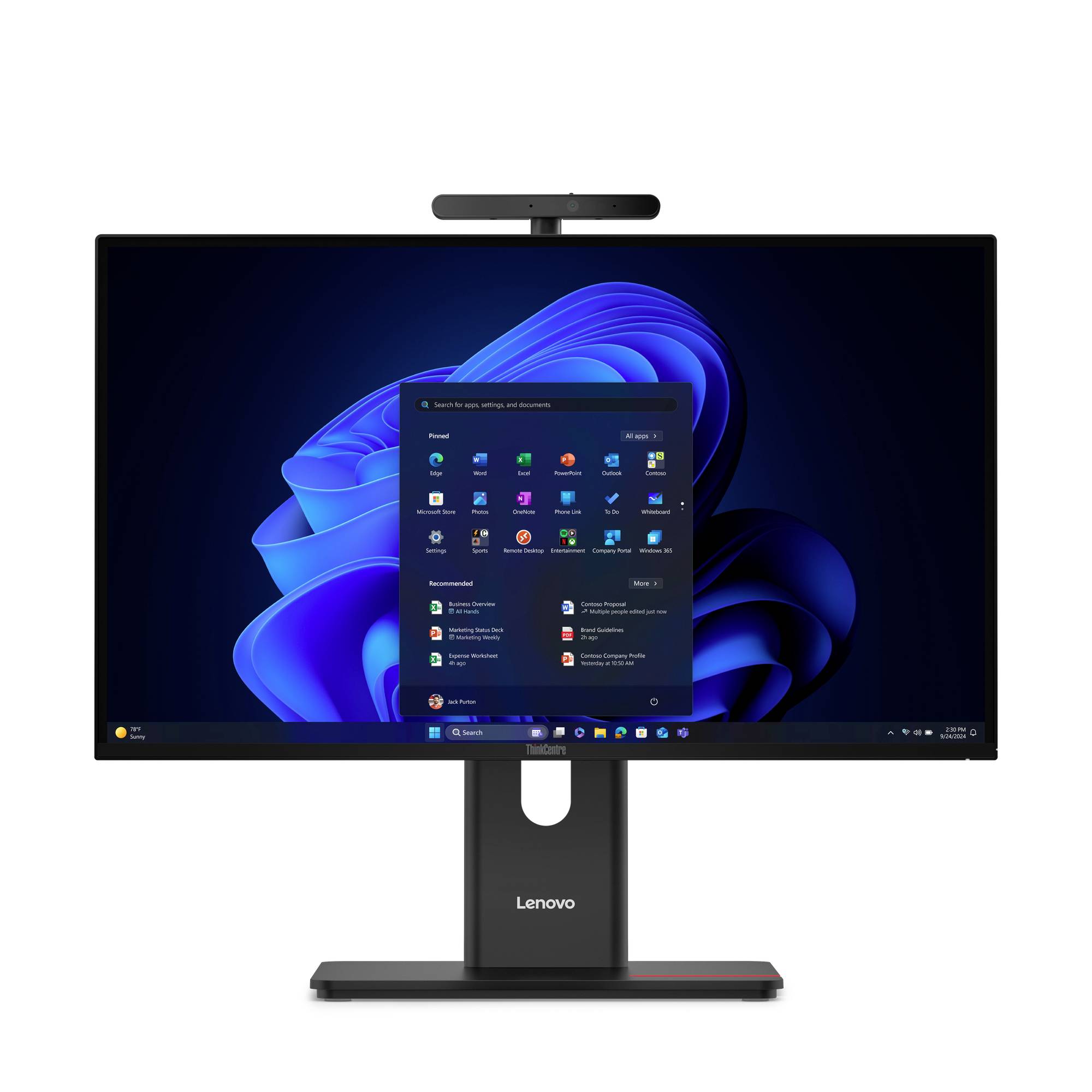 Lenovo-Monitor mit integrierter Webcam zeigt Windows 11-Desktop und Startmenü auf dem Bildschirm.