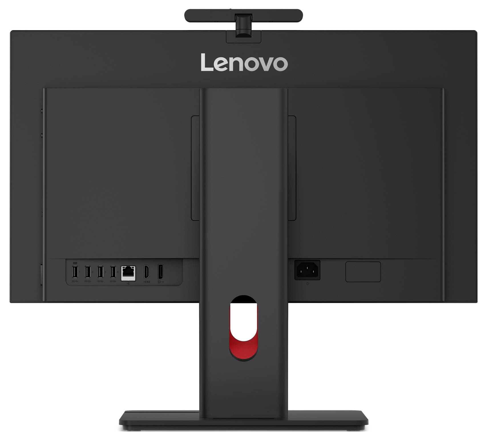 Rückansicht eines Lenovo-Desktop-Monitors auf einem Ständer, der Stromversorgungs- und USB-Anschlüsse sowie einen zentralen Kabelmanagement-Schlitz zeigt.